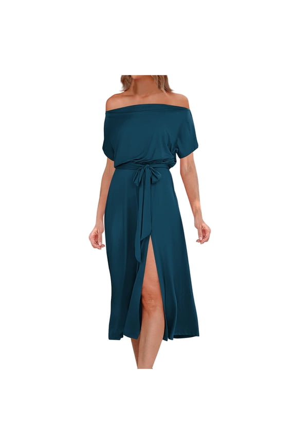 Womens Off Shoulder Side Split Mini Dress Stretchy Elegant Dating Cocktail Party Dress Blue M