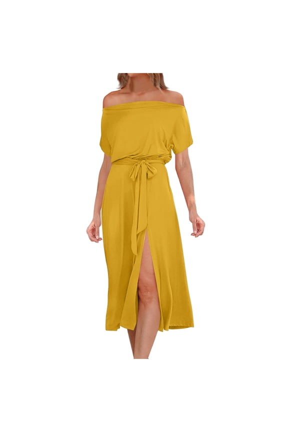 Womens Off Shoulder Side Split Mini Dress Stretchy Elegant Dating Cocktail Party Dress Yellow S