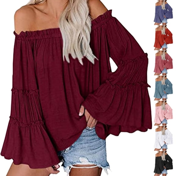 Sexlip Womens Off The Shoulder Long Bell Sleeve Tops Flared Casual Loose Blouse Black L