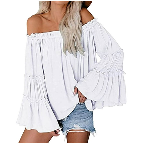 Sexlip Womens Off The Shoulder Long Bell Sleeve Tops Flared Casual Loose Blouse White M