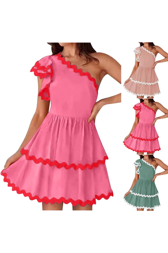 Womens One Shoulder Mini Dress Ruffle Hem Design Solid Color Stretchy Fabric Casual Silhouette for Party Events Green L