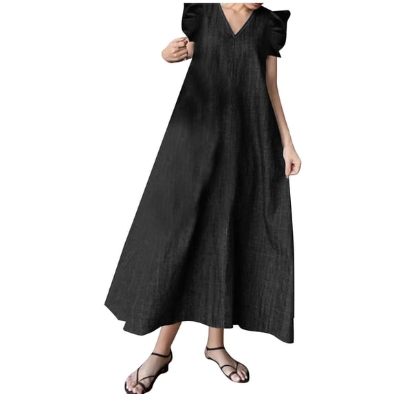 Sexlip Womens Oversized Linen Midi Dress V Neck Design Breathable Fabric Relaxed Silhouette for Daily Errands Black S
