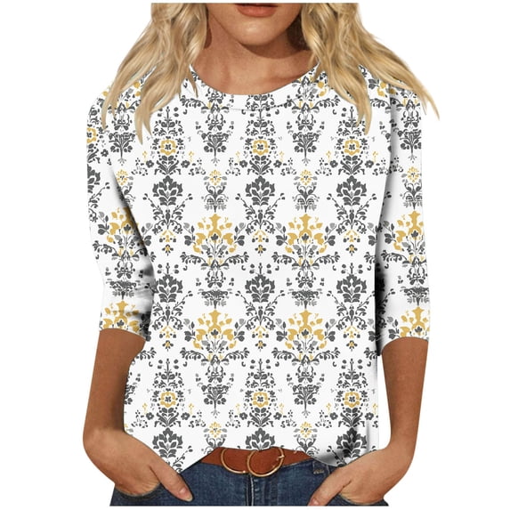 Sexlip Womens Paisley Print Blouse 3/4 Sleeve Design Lightweight Fabric Relaxed Silhouette for Office Wear Yellow L
