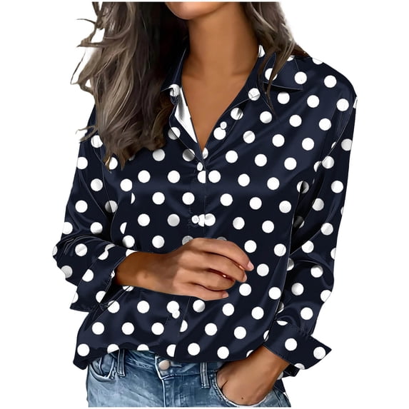Sexlip Womens Polka Dot Print Blouse Tie Front Design Lightweight Fabric Relaxed Silhouette for Brunch Outings Blue XL