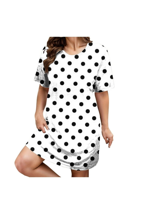 Womens Polka Dot Print Crew Neck Short Sleeve Loose Mini Dress Cute Flowy Summer Beach Picnic Dress White XXL