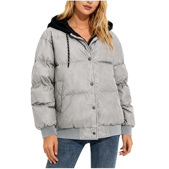 Sexlip Womens Puffer Jacket Winter Warm Coats Hooded Quilted Jackets with Double Pockets Casual Fashionable Parkas Gray XL