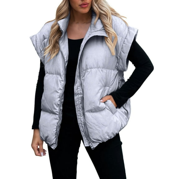 Sexlip Womens Puffer Vests Oversized Outerwear Vests Stand Collar Sleeveless Padded Down Fashion Jackets with Pockets Blue S