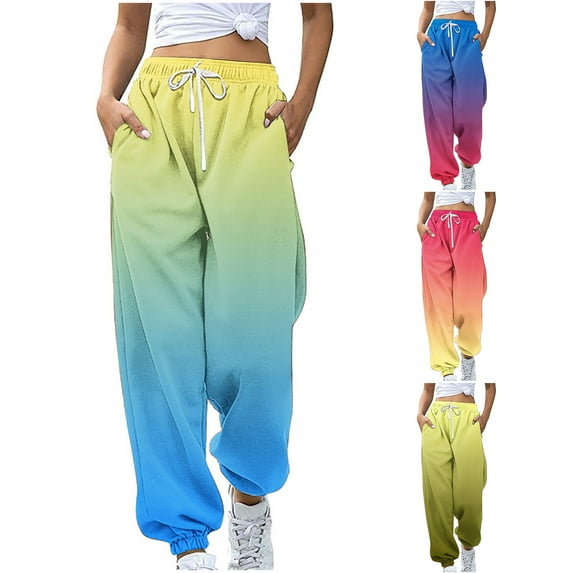 Sexlip Womens Rainbow Ombre Print High Waist Loose Drapey Wide Leg Pants Bold Stylish Summer Beach Outfit Blue L