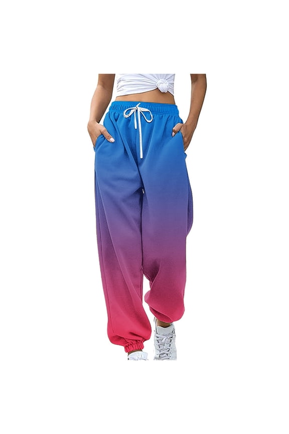 Womens Rainbow Ombre Print High Waist Loose Drapey Wide Leg Pants Bold Stylish Summer Beach Outfit Multicolor M