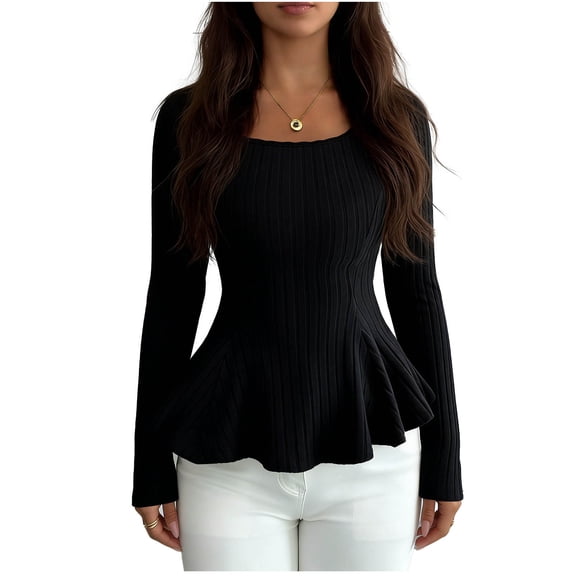Sexlip Womens Round Neck Blouse Long Sleeve Peplum Hem Design Ribbed Fabric Slim Silhouette for Evening Occasions Black XXL