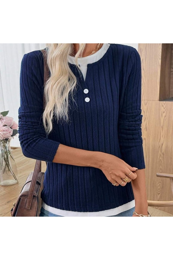 Womens Round Neck Button Sanding Pit Strip Solid Color Spliced Style Sweater Casual Lady Spring and Autumn Blue XL