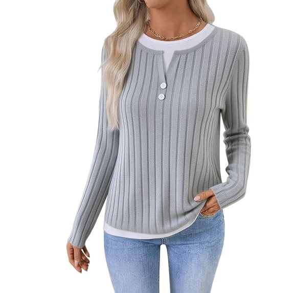 Sexlip Womens Round Neck Button Sanding Pit Strip Solid Color Spliced Style Sweater Casual Lady Spring and Autumn Gray XXL