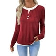 thumbnail image 1 of Sexlip Womens Round Neck Button Sanding Pit Strip Solid Color Spliced Style Sweater Casual Lady Spring and Autumn Red XL, 1 of 7