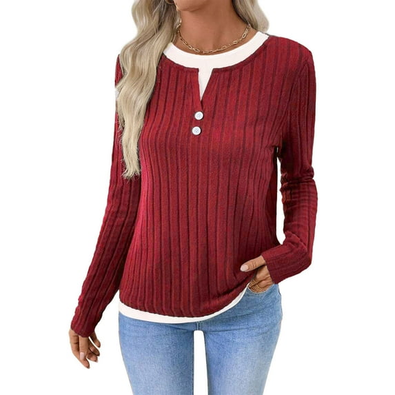 Sexlip Womens Round Neck Button Sanding Pit Strip Solid Color Spliced Style Sweater Casual Lady Spring and Autumn Red XL