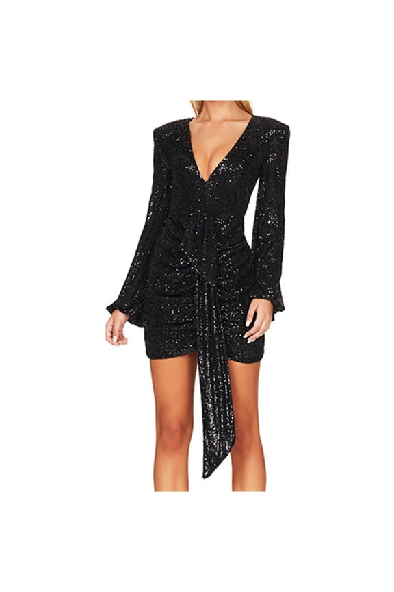 Womens Ruffle V Neck Flare Sleeve Shirt Dress Lightweight Breathable Vacation Brunch Dress Black M