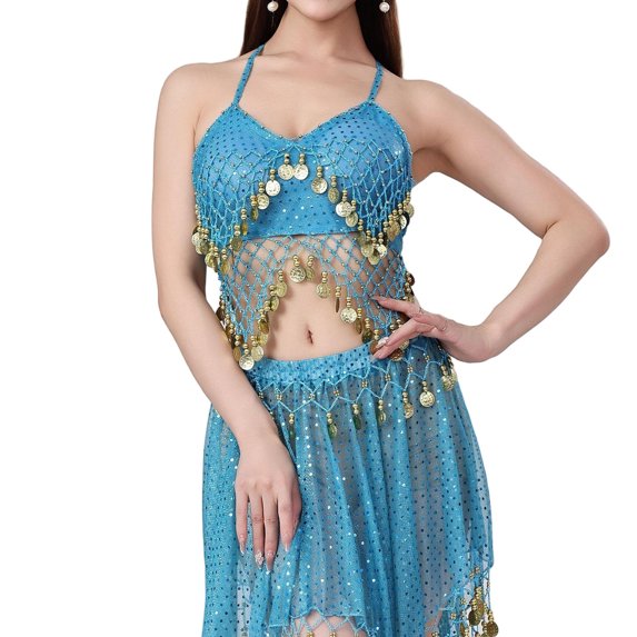 Sexlip Womens Sequin Detail Ethnic Style Sleeveless Sleeveless Top Sparkly Decorative Stage Performance Outfit Blue Free Size