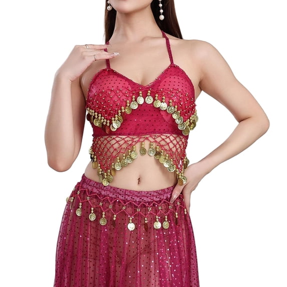 Sexlip Womens Sequin Detail Ethnic Style Sleeveless Sleeveless Top Sparkly Decorative Stage Performance Outfit Pink Free Size