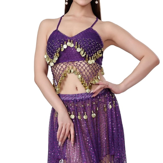 Sexlip Womens Sequin Detail Ethnic Style Sleeveless Sleeveless Top Sparkly Decorative Stage Performance Outfit Purple Free Size