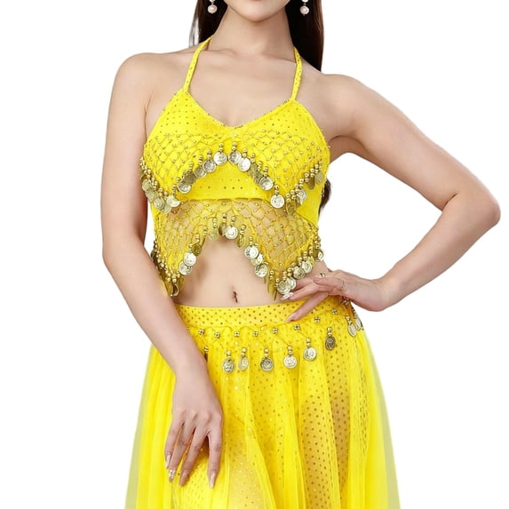 Sexlip Womens Sequin Detail Ethnic Style Sleeveless Sleeveless Top Sparkly Decorative Stage Performance Outfit Yellow Free Size