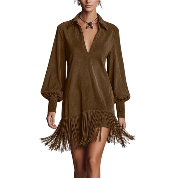 Sexlip Womens Short Dress Long Sleeve Fringe Design Smooth Fabric Relaxed Silhouette for Party Wear Brown XL