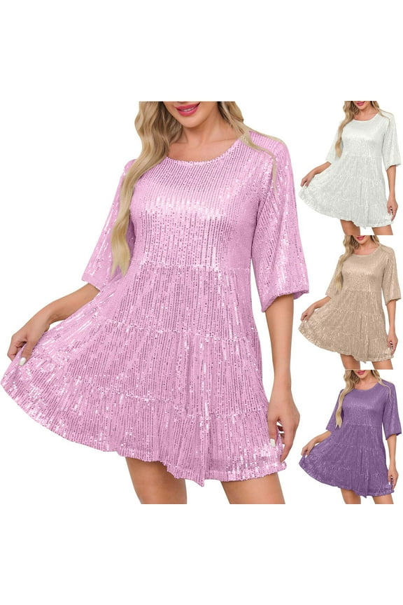 Womens Short Dress Short Sleeve Lace Design Soft Fabric Relaxed Silhouette for Home Daily Pink L