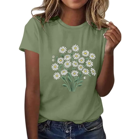 Sexlip Womens Short Sleeve Blouse Clustered Daisies Print Crew Neck Loose Sleeve Soft Fabric Relaxed Silhouette for Daily Outfits Green XXXL