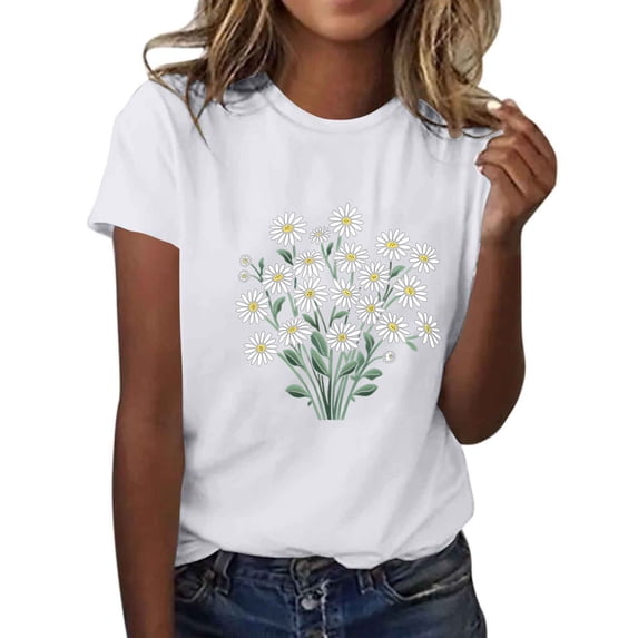Sexlip Womens Short Sleeve Blouse Clustered Daisies Print Crew Neck Loose Sleeve Soft Fabric Relaxed Silhouette for Daily Outfits White XXXL