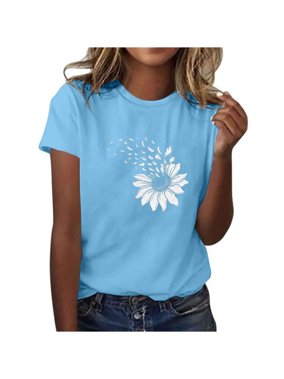 Womens Short Sleeve Blouse Daisy Print Crew Neck Loose Sleeve Soft Fabric Relaxed Silhouette for Weekend Gatherings Blue M