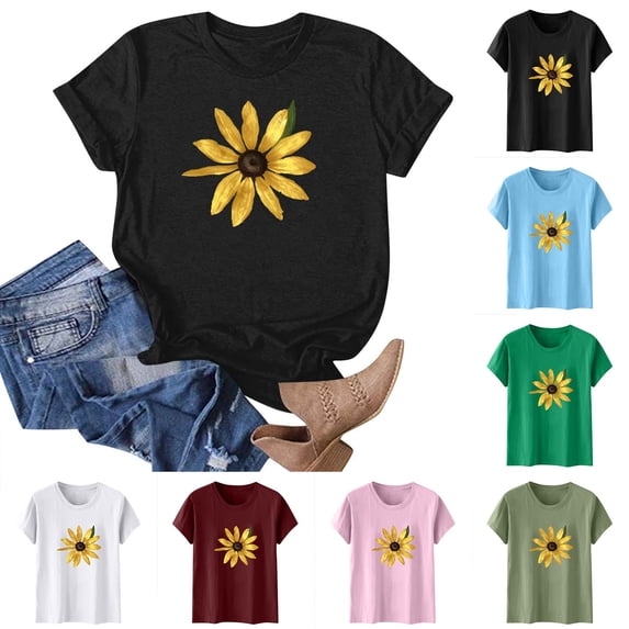 Sexlip Womens Short Sleeve Blouse Sunflower Print Crew Neck Loose Sleeve Soft Fabric Relaxed Silhouette for Daily Outfits Green L