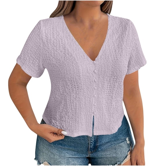 Sexlip Womens Short Sleeve Blouse V Neck Front Button Waist Cinch Loose Sleeve Soft Fabric Relaxed Silhouette for Casual Gatherings Purple XXL
