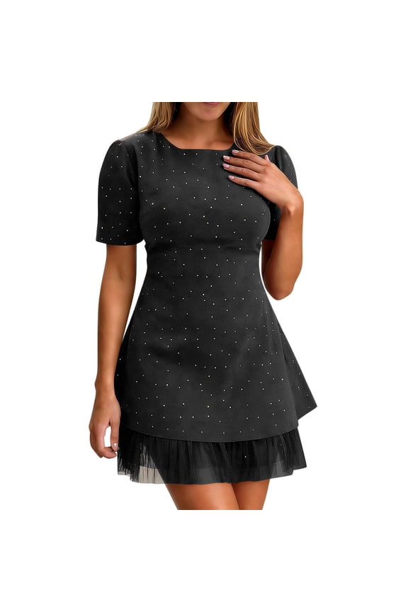Womens Short Sleeve Bodycon Mini Dress Crew Neck Design Ruched Detail Stretchy Fabric Casual Silhouette for Date Nights Black XL