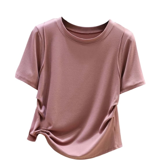 Sexlip Womens Short Sleeve Crew Neck T Shirt Twist Hem Design Lightweight Fabric Casual Silhouette for Daily Errands Pink M