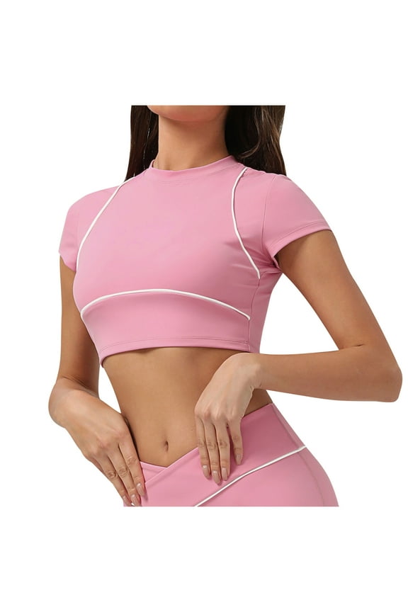 Womens Short Sleeve Crop Top Form Fitting Design Stretchy Fabric Casual Silhouette for Night Out Pink XL