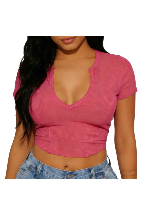 Womens Short Sleeve Deep V Neck Crop Top Form Fitting Design Stretchy Fabric Casual Silhouette for Night Out Pink S