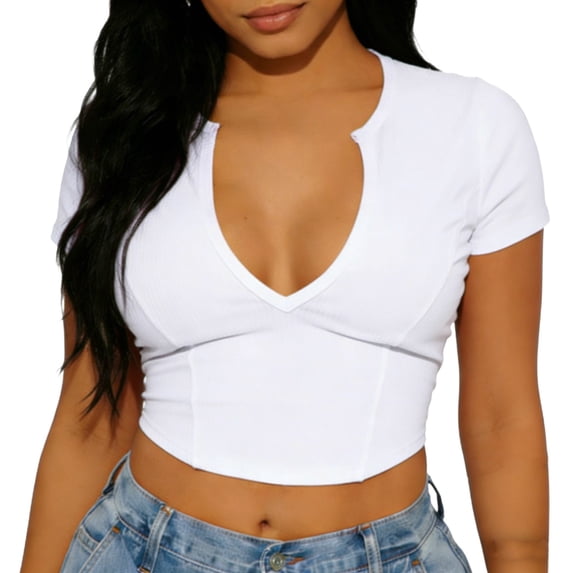 Sexlip Womens Short Sleeve Deep V Neck Crop Top Form Fitting Design Stretchy Fabric Casual Silhouette for Night Out White XXL
