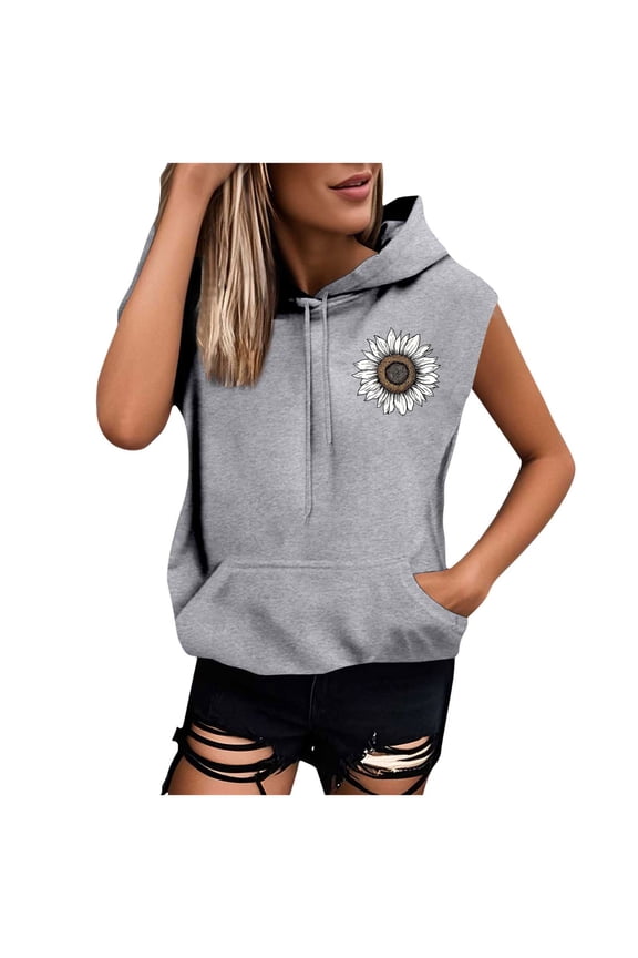 Womens Short Sleeve Graphic Print Hooded T Shirt Kangaroo Pocket Design Warm Fabric Relaxed Silhouette for Casual Hangouts Gray M