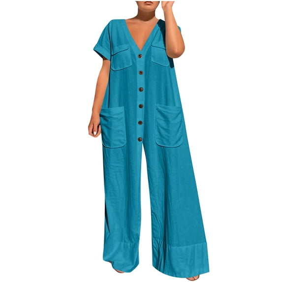 Sexlip Womens Short Sleeve Jumpsuit Pants Wide Leg Elastic Waist Soft Fabric Comfortable Silhouette for Daily Wear Blue L