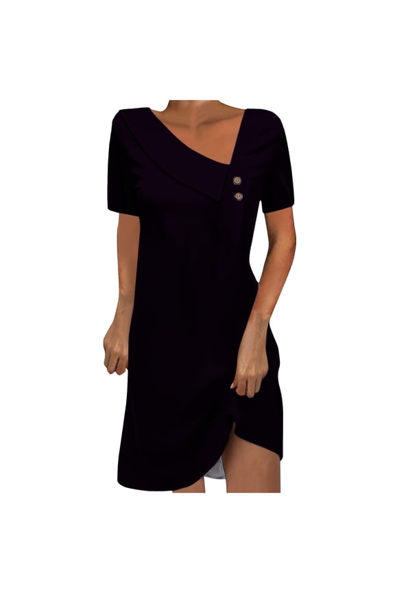Womens Short Sleeve Midi Dress Asymmetric Neck Design Stretchy Fabric Relaxed Silhouette for Daily Errands Black S