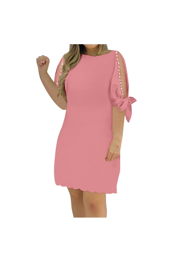 Womens Short Sleeve Midi Dress Asymmetric Neck Design Stretchy Fabric Relaxed Silhouette for Daily Errands Pink S