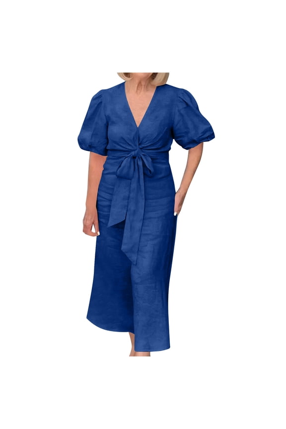 Womens Short Sleeve Midi Dress Button Front Design Breathable Fabric Relaxed Silhouette for Brunch Outings Blue M