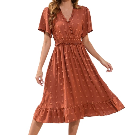 Sexlip Womens Short Sleeve Midi Dress Floral Print Design V Neck Tie Waist Flared Skirt Casual Silhouette for Brunch Outings Brown XXL