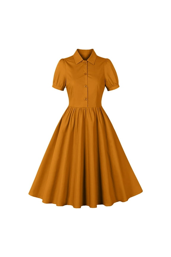 Womens Short Sleeve Midi Dress Peter Pan Collar Design Button Front Breathable Fabric Relaxed Silhouette for Brunch Outings Brown S