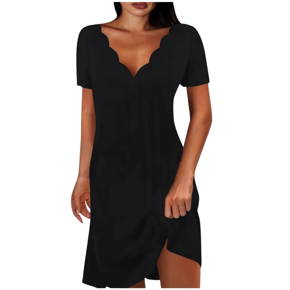 Sexlip Womens Short Sleeve Midi Dress V Neck Design Stretchy Fabric Relaxed Silhouette for Office Wear Black M