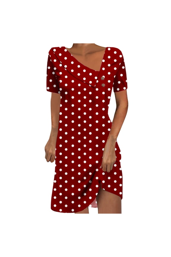 Womens Short Sleeve Mini Dress Polka Dot Design V Neck Wrap Soft Fabric Casual Silhouette for Brunch Outings Red S