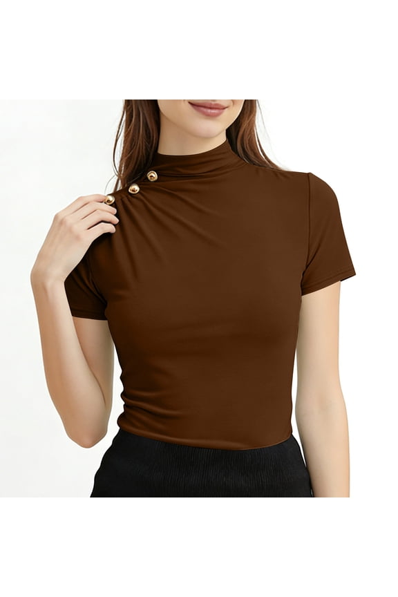 Womens Short Sleeve Mock Neck Top Form Fitting Design Stretchy Fabric Casual Silhouette for Night Out Brown S