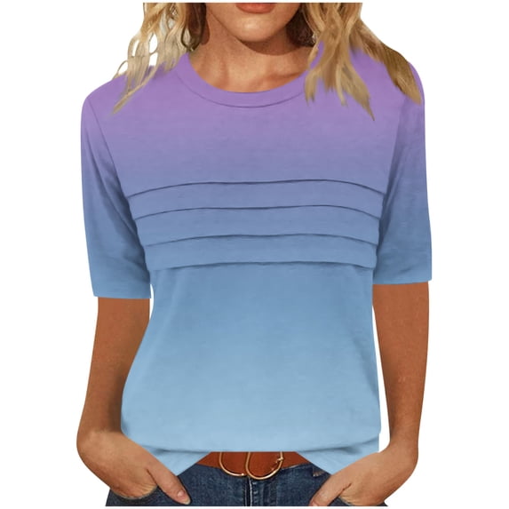 Sexlip Womens Short Sleeve Ombre Crew Neck T Shirt Breathable Fabric Lightweight Design Casual Silhouette for Vacation Looks Blue M