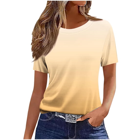 Sexlip Womens Short Sleeve Ombre Crew Neck T Shirt Gradient Design Breathable Fabric Relaxed Silhouette for Casual Outings Yellow M
