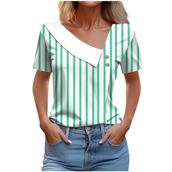 Sexlip Womens Short Sleeve Striped V Neck T Shirt Contrast Trim Design Stretchy Fabric Relaxed Silhouette for Casual Hangouts Green XL