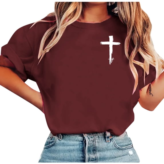 Sexlip Womens Short Sleeve T Shirt Cross Print Crew Neck Design Soft Fabric Relaxed Silhouette for Outdoor Relaxation Red M