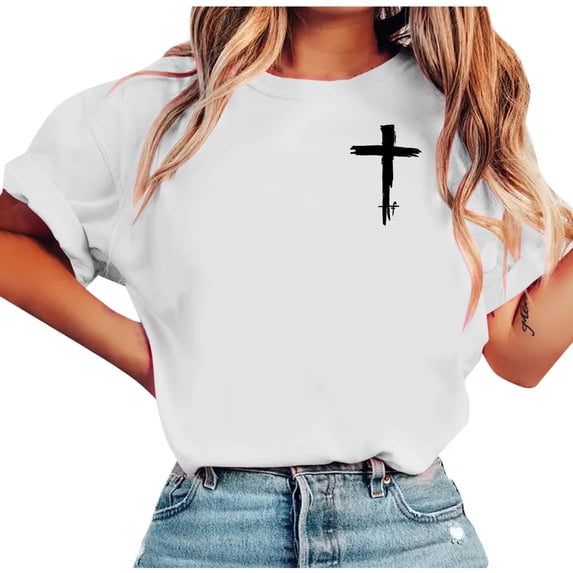 Sexlip Womens Short Sleeve T Shirt Cross Print Crew Neck Design Soft Fabric Relaxed Silhouette for Outdoor Relaxation White M
